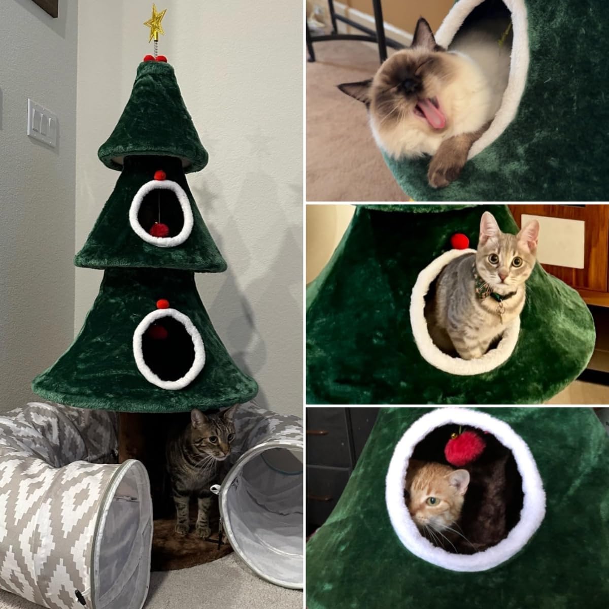 Christmas Cat Tree with 2 Houses, 52 in Cat Tower for Indoor, Cat Furniture with Teaser Plaything for Christmas Decoration
