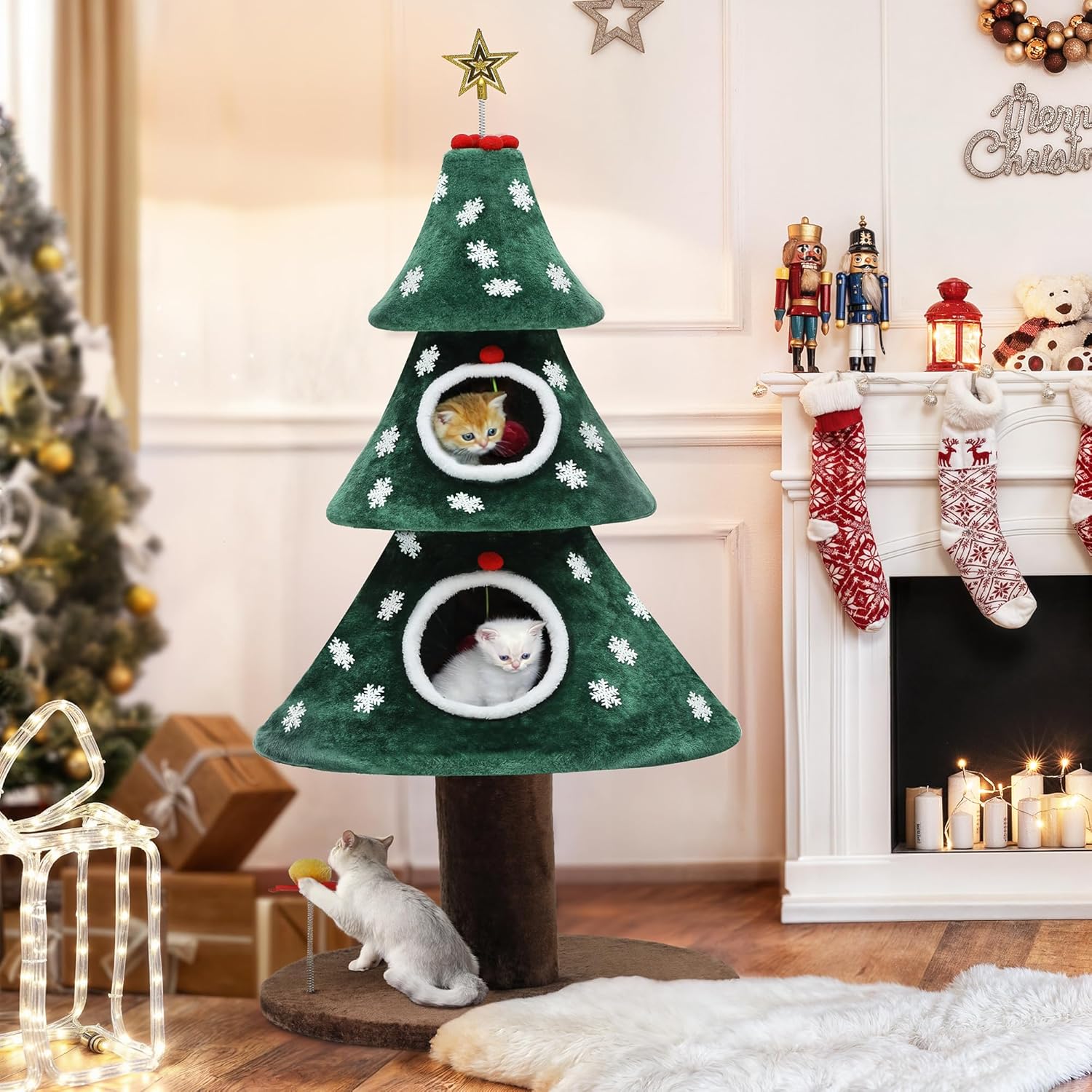 Christmas Cat Tree with 2 Houses, 52 in Cat Tower for Indoor, Cat Furniture with Teaser Plaything for Christmas Decoration