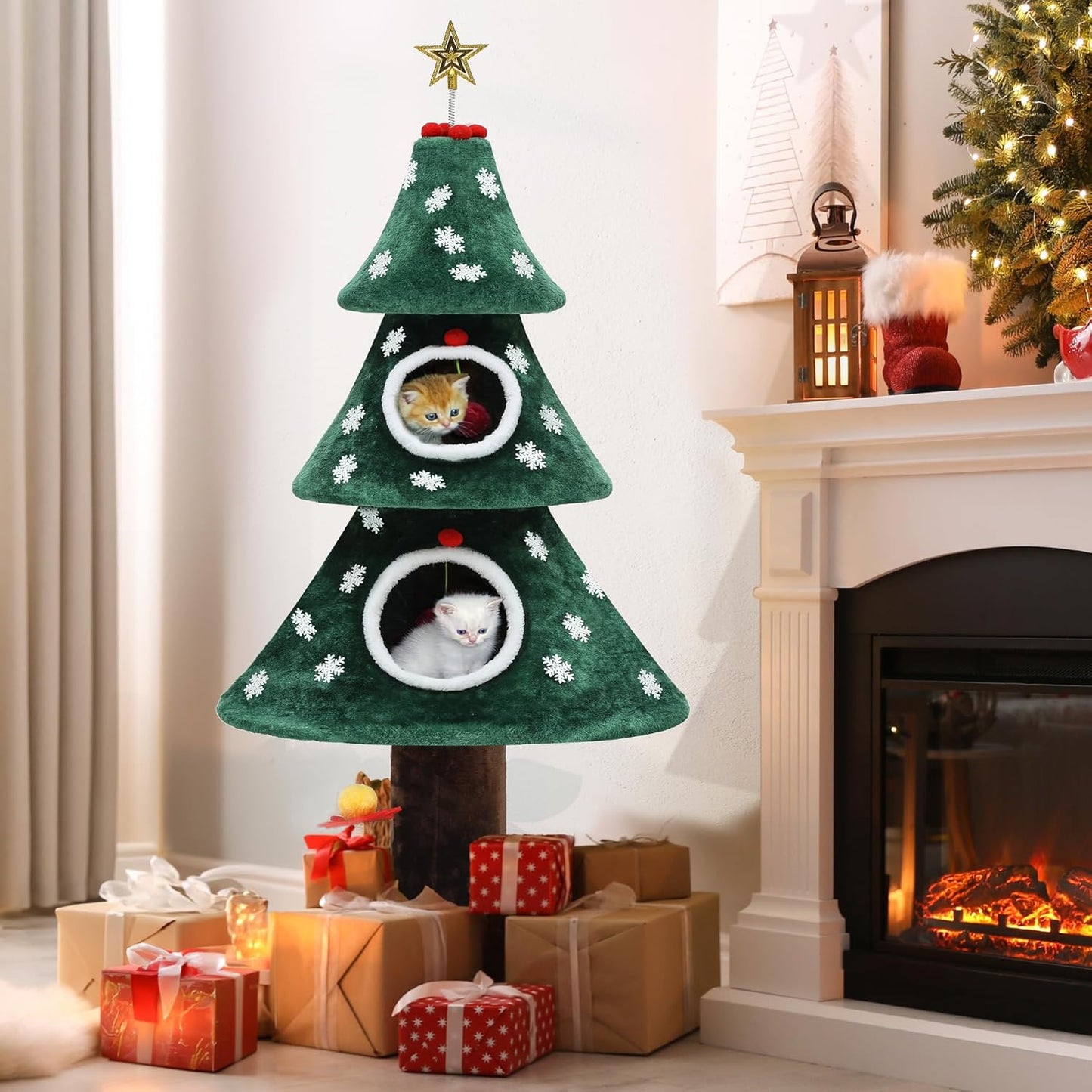 Christmas Cat Tree with 2 Houses, 52 in Cat Tower for Indoor, Cat Furniture with Teaser Plaything for Christmas Decoration