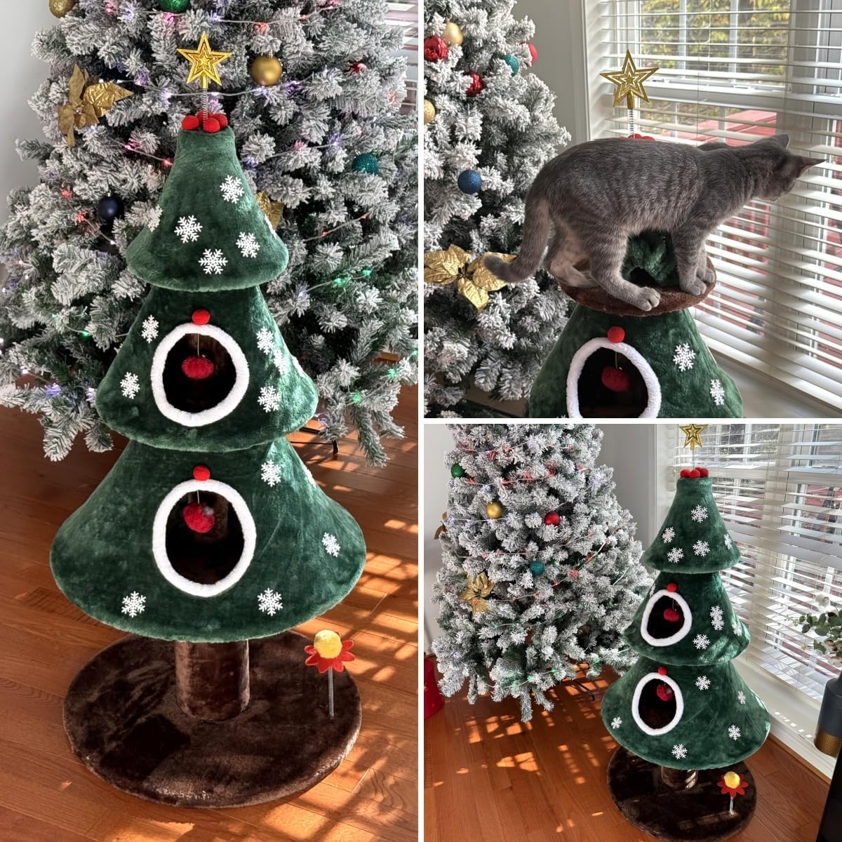 Christmas Cat Tree with 2 Houses, 52 in Cat Tower for Indoor, Cat Furniture with Teaser Plaything for Christmas Decoration